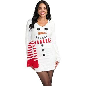 Women Christmas Snowman Scoop Neck Sequin Dress Festive Holiday Party Outfit
